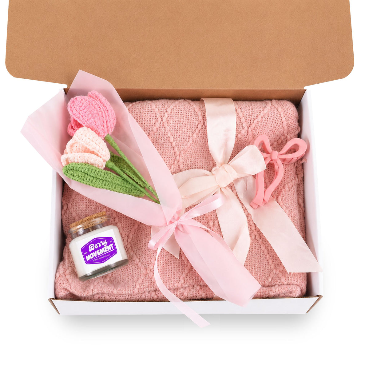 Blush & Bloom Gift Set — Candle, Cozy Knit Blanket, Crochet Bouquet & Bow Clip