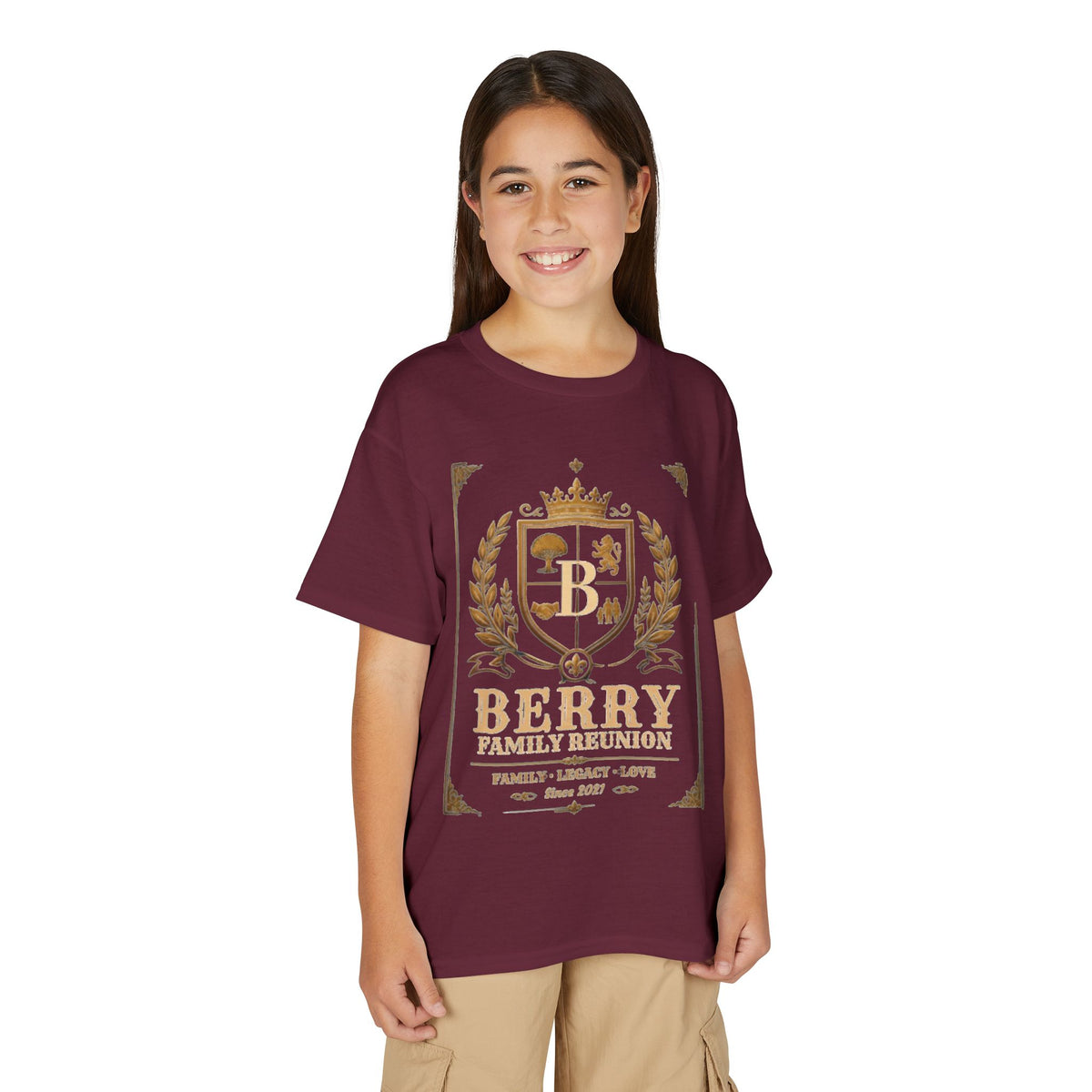 Youth Crest T-Shirt — "Berry" Vintage Family Coat of Arms Design