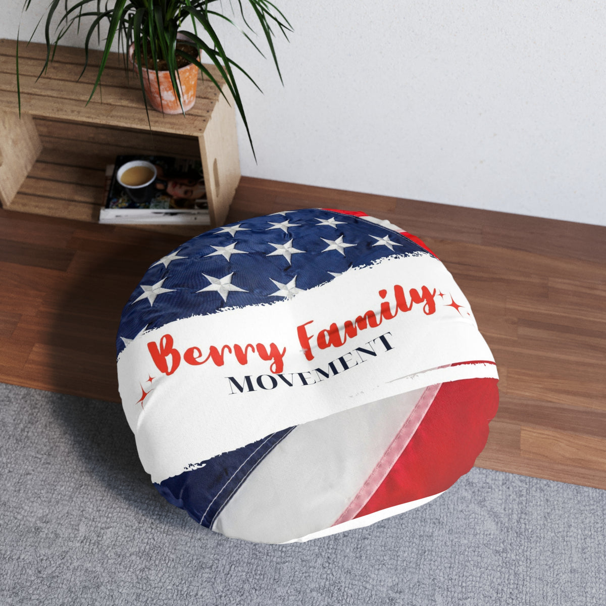 Round Tufted Floor Pillow — "Berry Family Movement" Patriotic American Flag Accent