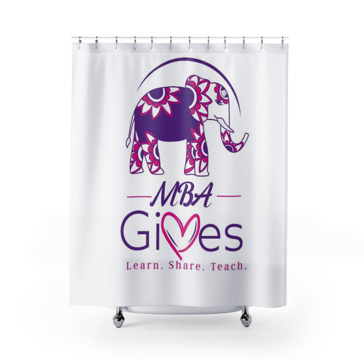 Elephant 'MBA Gives' Shower Curtain — Floral Heart Logo, Learn.Share.Teach. Bathroom Decor