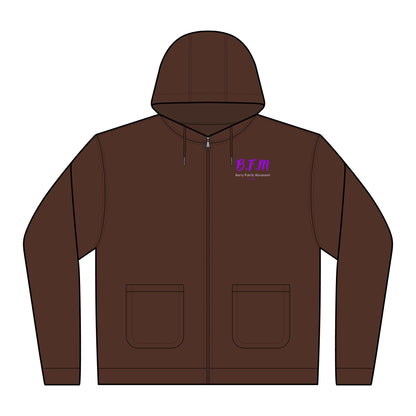 Canvas Hooded Jacket — Brown Zip Hoodie with Subtle 'B.F.M' Chest Graphic